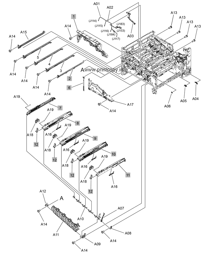 Printer internal assemblies (M751/E75245, 1 of 7)