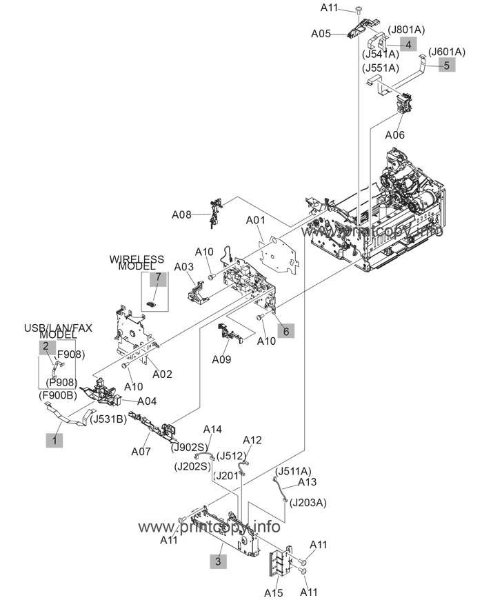 Internal components, printer base (1 of 2, MFP)