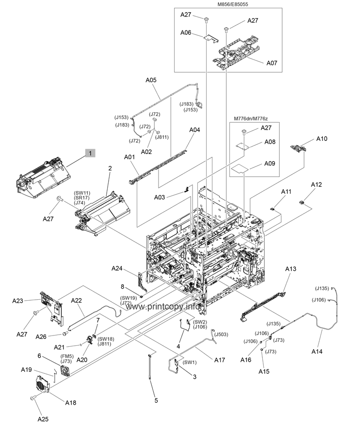 Printer internal assemblies (M856/E85055, M776dn/M776z, 2 of 8)