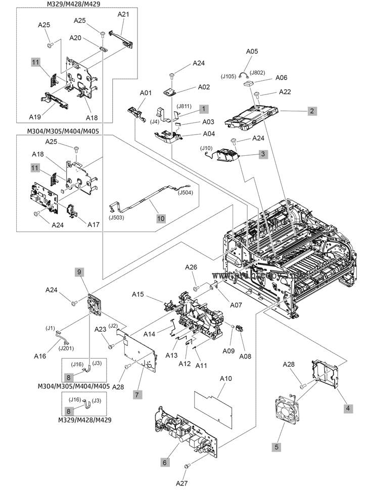 Internal components, printer base (1 of 3)