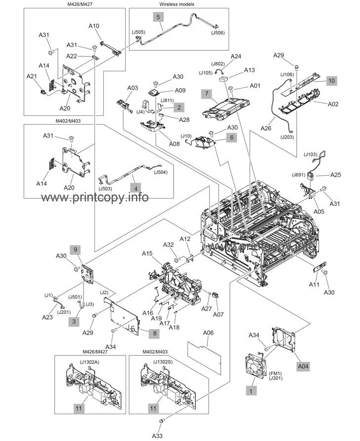 Internal components, printer base (1 of 5)