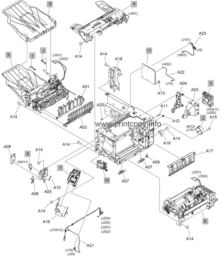 Staple stacker/Multi Bin Mailbox main body components (M631, M632, M633)